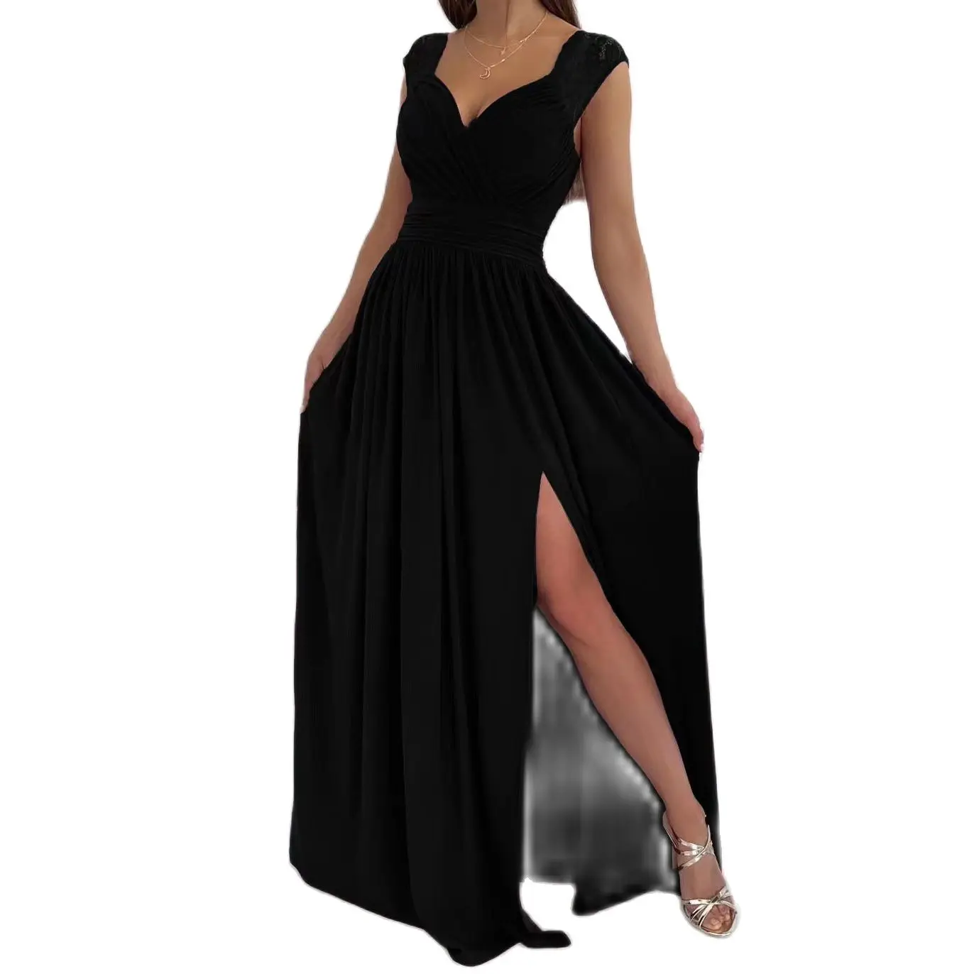 

Sleeveless Lace Backless Slit Dress Women's New Summer Evening Dresses Female Fashion Sexy Slim Stitching Pullover Party Dress