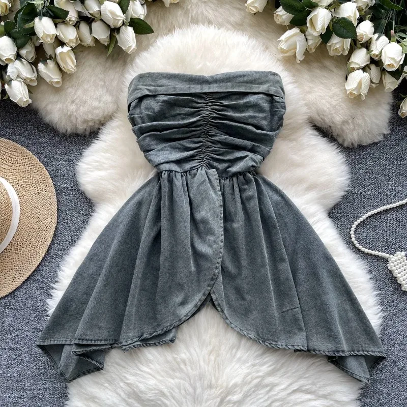 Ретро нестандартные джинсовые женские топы на бретелях с разрезом шее узкие