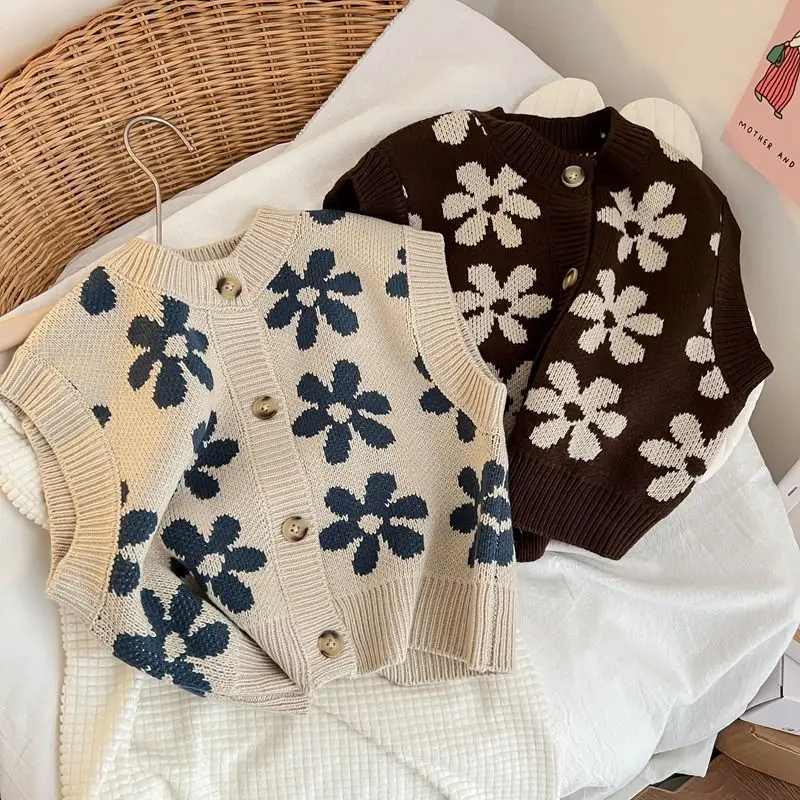 

2022 Vest Waistcoat Sleeveless O-neck Collar Single Breasted Floral Sweet Cute Comfortable Simple Fashion New Autumn Kids Girls