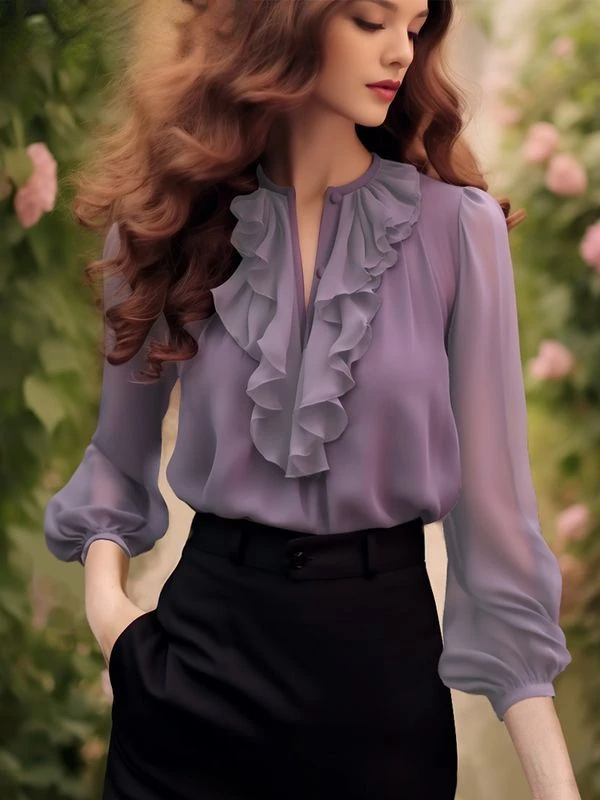 Шифоновые рубашки с оборками по краю топы рукавом три четверти фиолетовые блузы