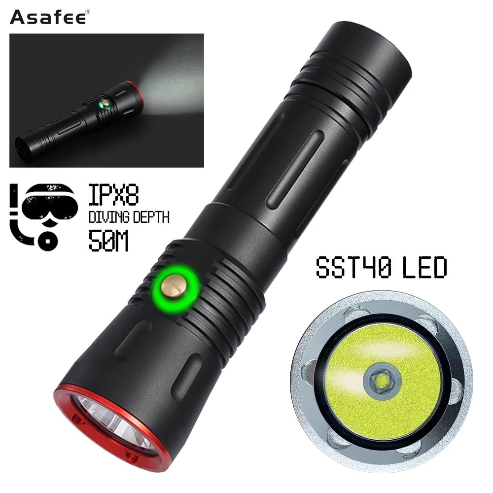 

Asafee DA11 50M Underwater Professional SST40 LED Diving Flashlight 2000LM Waterproof IPX8 18650/21700 Rechargeable Dive Lamp