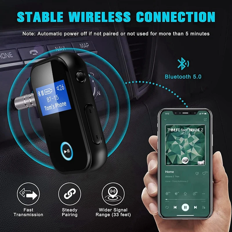 BT15P Блютуз 5.0 Приемник LCD Дисплей 3.5 мм AUX Свободные руки Звонок Микрофон Беспроводной адаптер для звука для автомобильного комплекта динамиков.