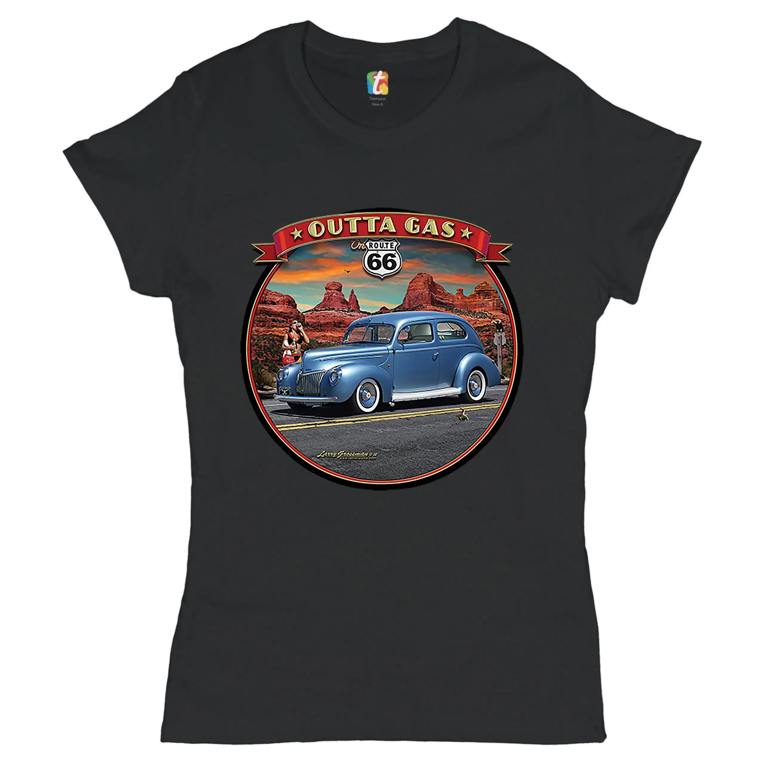 Фото Футболка Outta Gas on Route 66, женская футболка Mother Road Car Enthusiast для механика, автомобильной промышленности №1