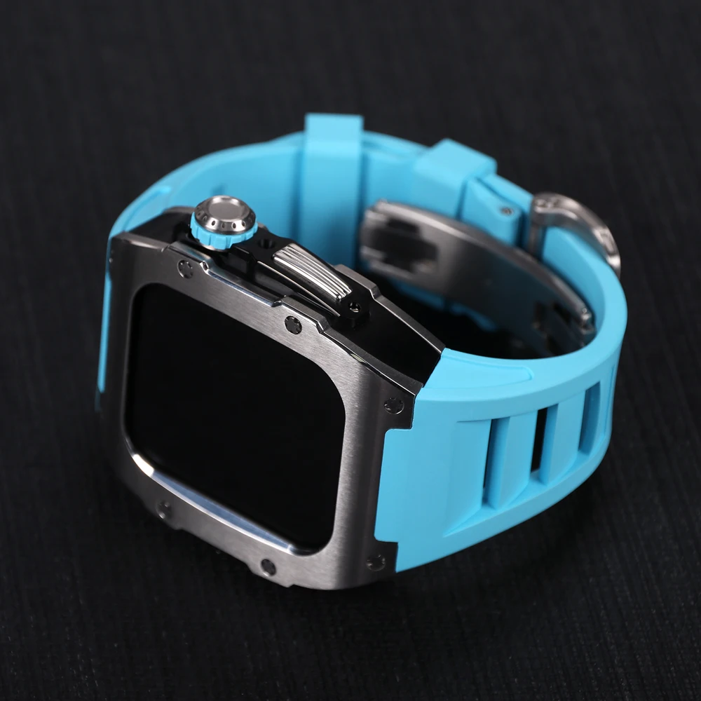 Titanium Alloy Stainless Steel Modification kit for Apple Watch 8 7 45mm Fluorine Rubber Strap for iWatch 6 SE 5 4 44mm Band Set