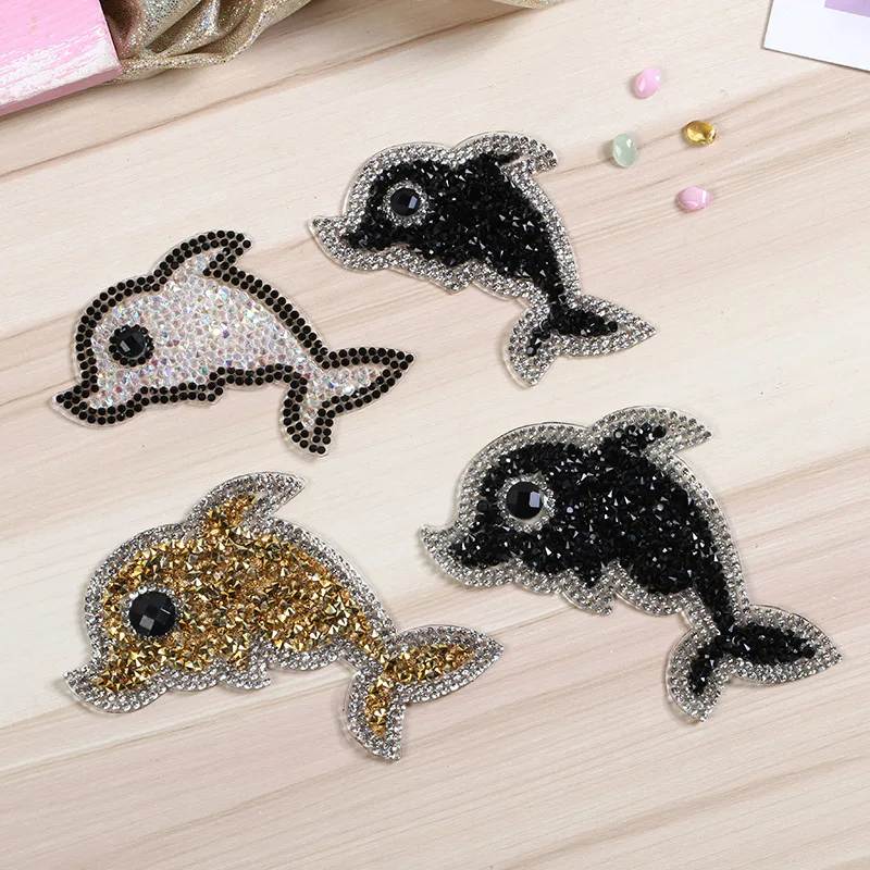 

Dolphin Rhinestones Patches Appliques for Clothing Crystal Beaded Patchwork Accessories Cartoon Badges on Clothes DIY Stickers