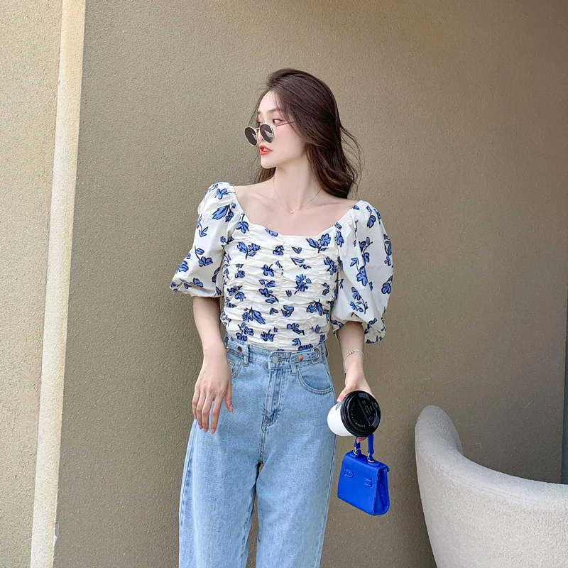 

COIGARSAM Blouse Women Summer 2022 New French Style Print Short Sleeve Chiffon Blusas Womens Tops And Blouses Dropshipping
