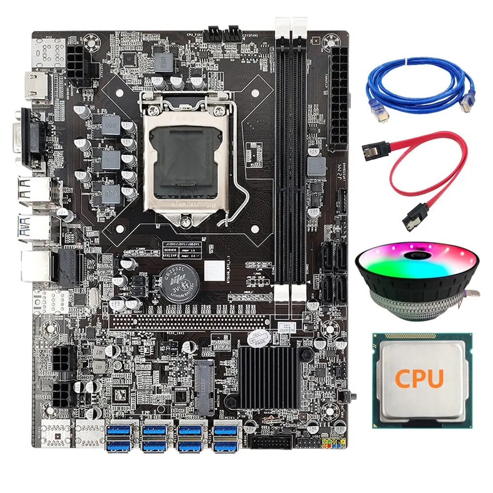 

B75 BTC Mining Motherboard LGA1155 8XPCIE USB Support Dual DDR3 SATA Cable+Random CPU+RJ45 Network Cable+Cooling Fan ETH