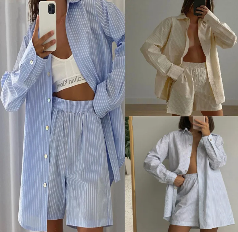 

Two Piece Women's Striped Long Sleeve Shirts Wide Leg Pants Two Piece High Waist Shorts Set Two Piece Women's Tops and Pants
