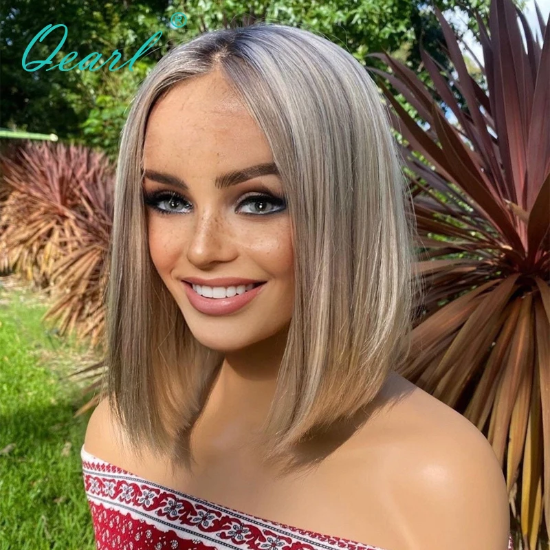 Straight Human Hair Wig Short Bob HD Lace Frontal Wig 13x4 Light Grey Ash blonde Highlights Color Remy Hair 150% Glueless Qearl