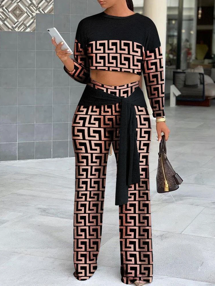 

2022 Autumn Two Piece Sets Womens Geometric Print Crop Top & Tied Detail Pants Set Outifits Fashion Tracksuits Casual Elegant Fe