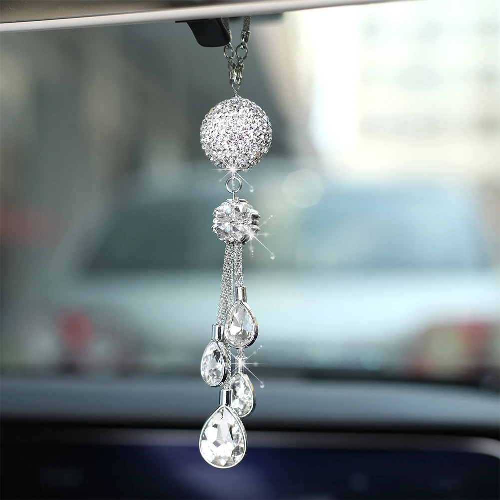 Car Rear View Mirror Pendant Metal Crystal Ball Diamond Decorative Suspension Hanging Ornaments Car Rhinestone Interior Styling