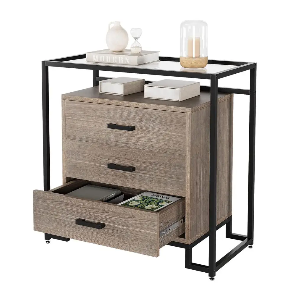 

3 Drawer Steel Frame & Tempered Glass Top Storage Cabinet Organizer Bedside Nightstand for Bedroom Living Room