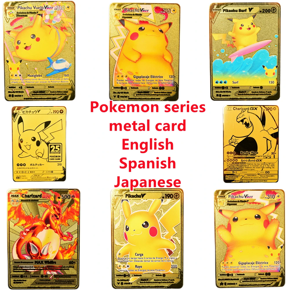 

New in 2022 Pokemon Cards Spanish English Japanese Metal Kids Toys V VMAX GX EX Collection, Gifts Pikachu Anime Characters