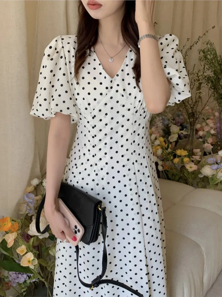 

Summer New Women Fashion Casual Midi Dress Elegant Vestdios Female Korea Style One Piece Dot Print Clothes