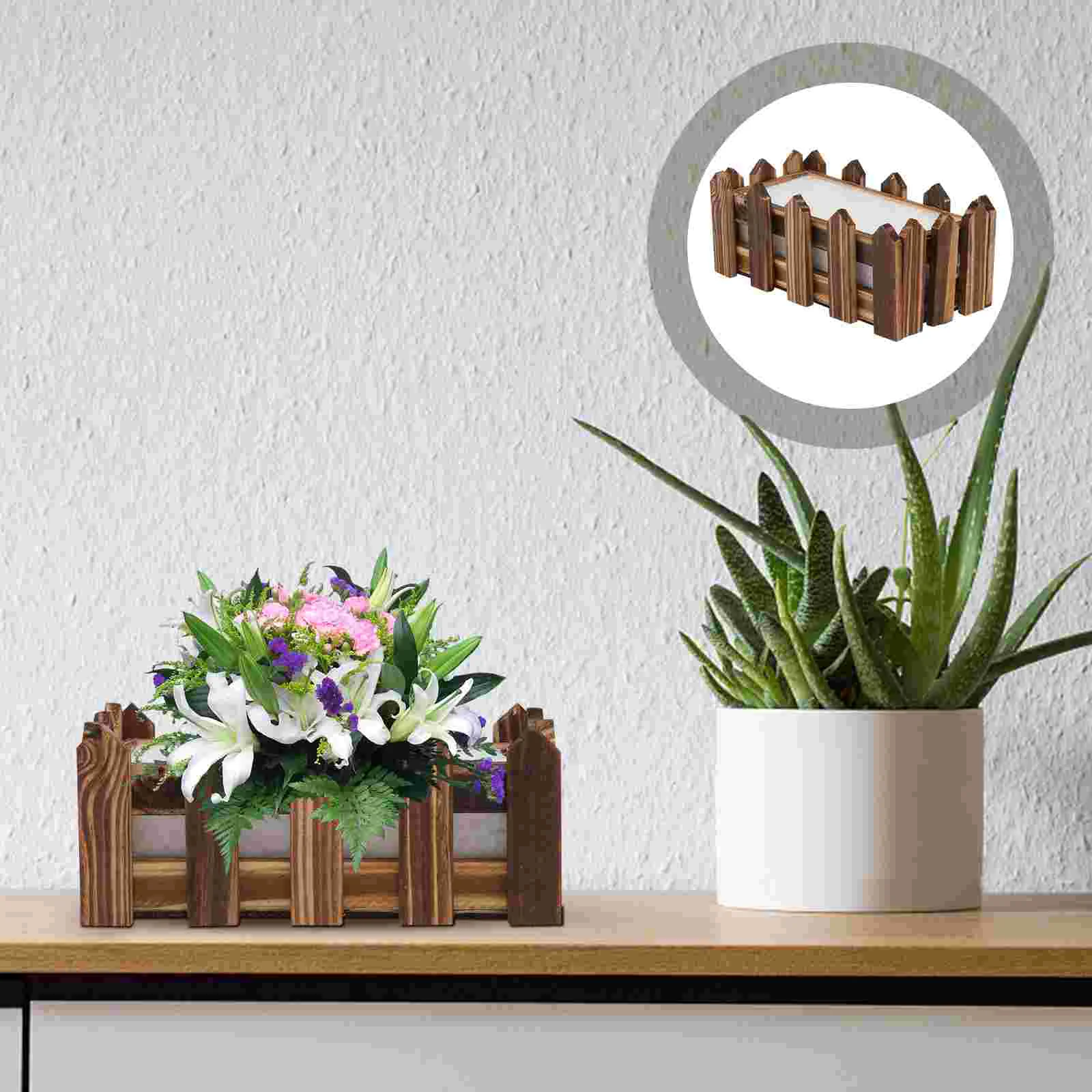 

1pc Carbonized Wood Flowerpot with Decorative Wood Fence Planter (Coffee)