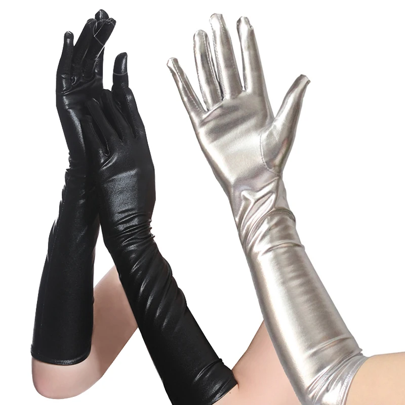 

Women's Gold Silver Fake Leather Metallic Gloves Evening Party Performance Mittens Women Sexy Elbow Length Long Latex Gloves