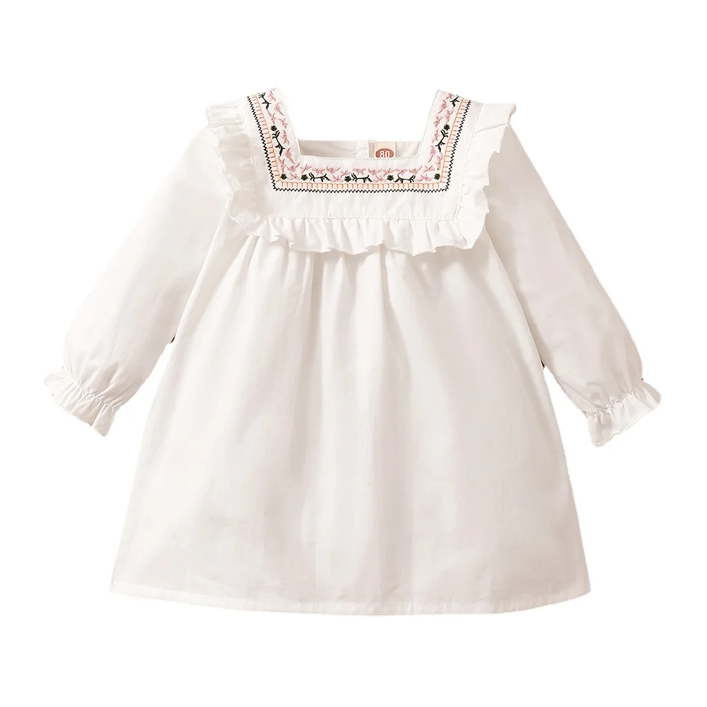 Infant Baby Girl Dress Fashion Embroidered Square Neck Long Sleeve Dress Birthday Party Princess Dresses Girls Wedding Costumes