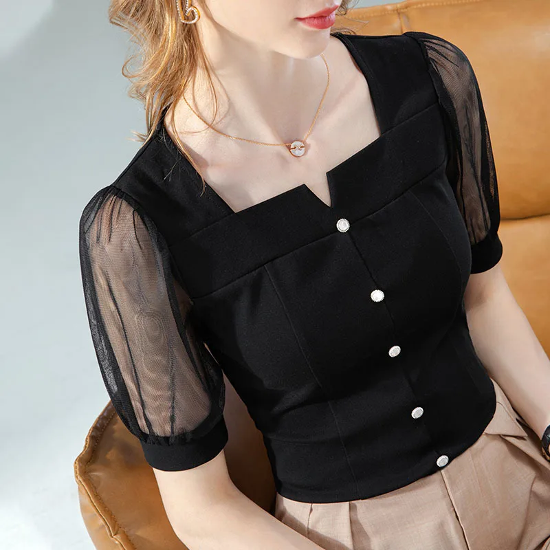 

Women's Summer Cropped Top Solid Short Sleeve Twist Front Mesh Puff Sleeve T-Shirt (S-3XL)