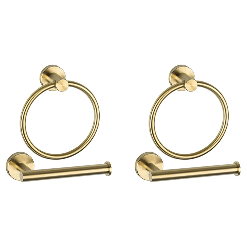 

Bathroom Hardware Accessories Set Brushed Gold 4 Piece Stainless Steel Wall Mounted Hand Towel Ring Toilet Paper Holder
