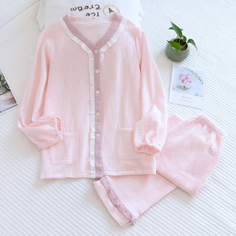 

Girl Pajama Set Spring Autumn Soft Crepe Contrasting Colors Lace V Neck Thin Long Sleeves Double Layer Seersucker Home Clothes