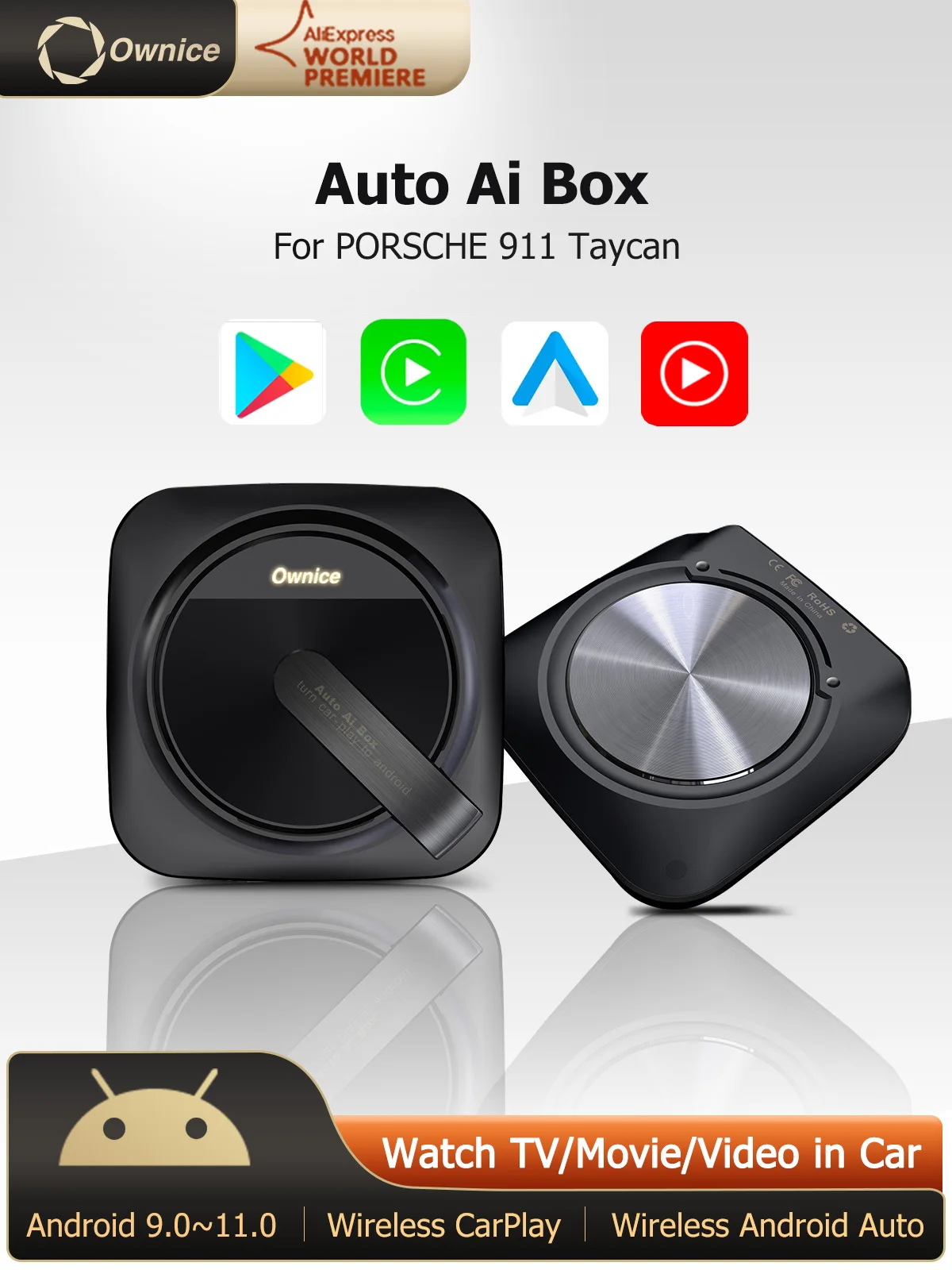 

Ownice carplay Android auto ai box apple pie mini dongle wireless adaptor inalambrico free shipping GPS for PORSCHE 911 Taycan