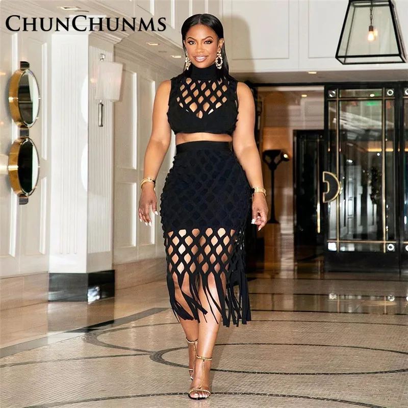 

Sexy Solid Turtleneck Fishnet Hollow Vest Tank Tops Tassels See Through Wrap Hip Skirt Women Set Beach Wear Summer 2 Piece Suit