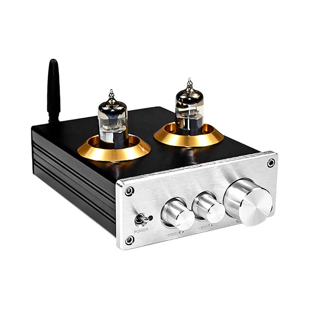 Buffer HiFi 6J5 Bluetooth 4.2 Tube Preamp Amplifier Stereo Preamplifier with Treble Bass Tone Ajustment(Silver)