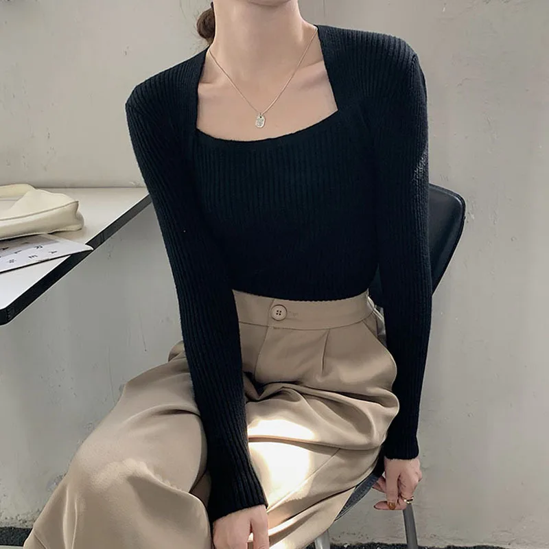 2022 Casual Soft Square Collar Designer Women T Shirt Autumn Winter Long Sleeve Black Slim Tops Simple Chic Pullover