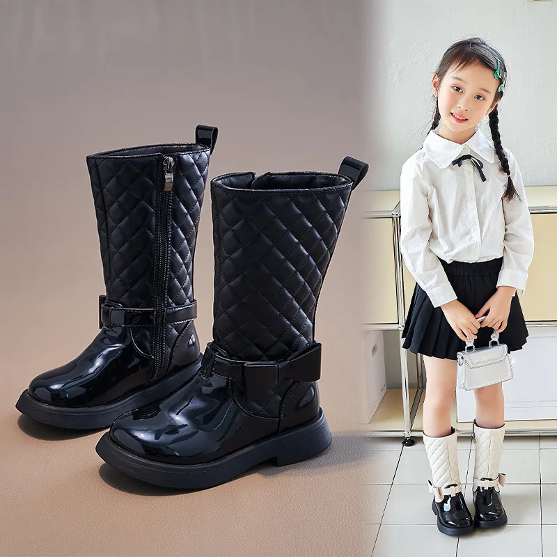 

Ботильоны для девочек, модные британские детские ботинки до середины икры, осень/зима, Детские Водонепроницаемые кожаные ботинки принцессы с бантом и боковой молнией