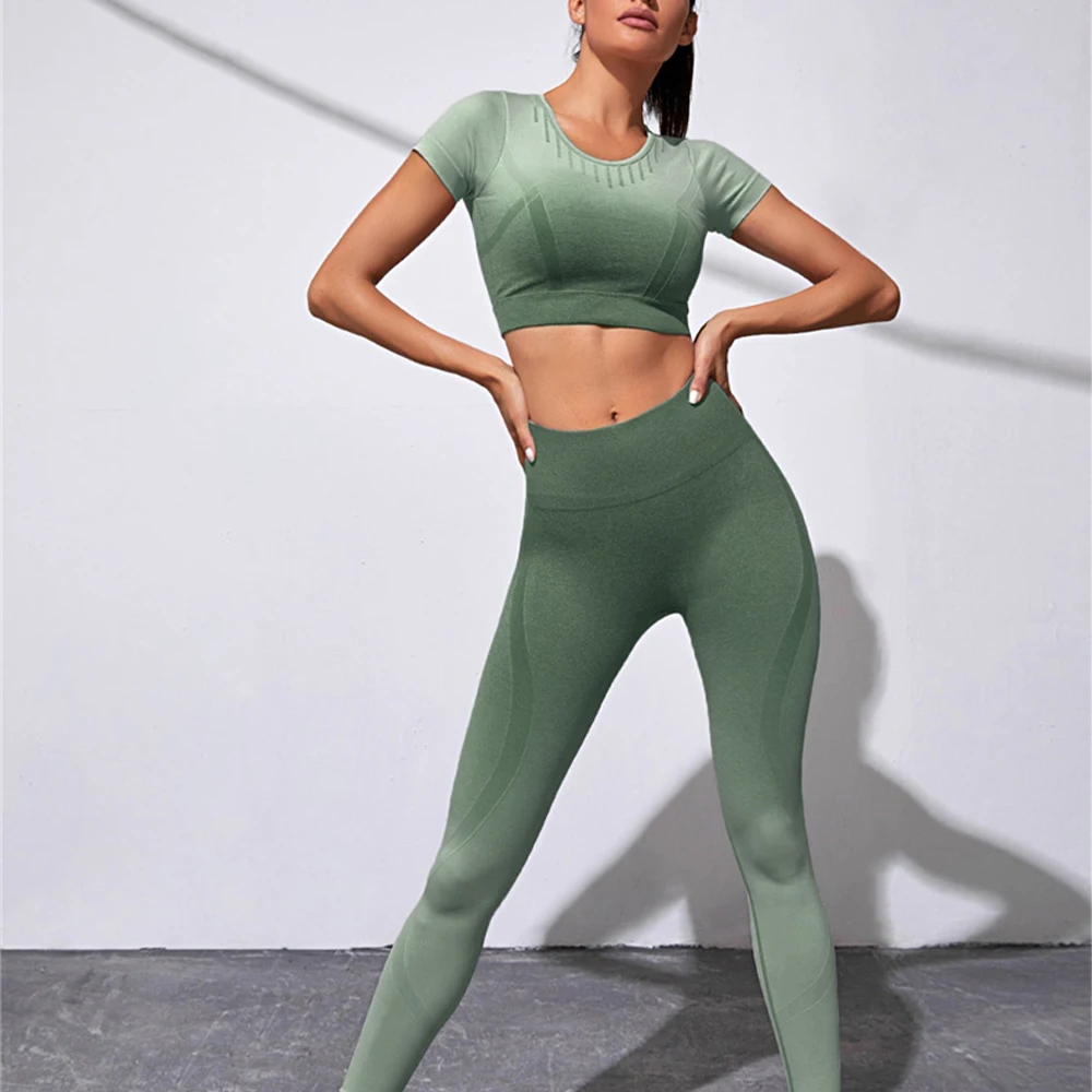 Gradient mesh knitted Women Dye Sportswear Yoga Set Workout Leggings Push Up Pant Gym Shorts Seamless Fitness Sports Bra suits