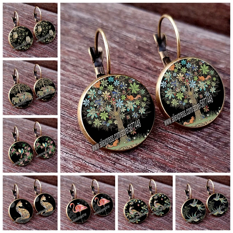 

New Arrival Colorful animal and Tree Women Stud Earring Abstract Oil Painting Glass Cabochon Womens Earrings flower jewelry