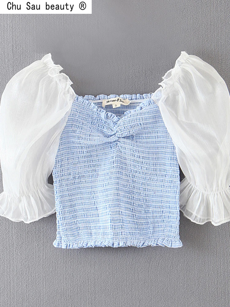 

Vintage 2022 Summer New Korean Style Sweet Fashion Casual Folds Plaid Puff Sleeve Elastic Blouse For Women