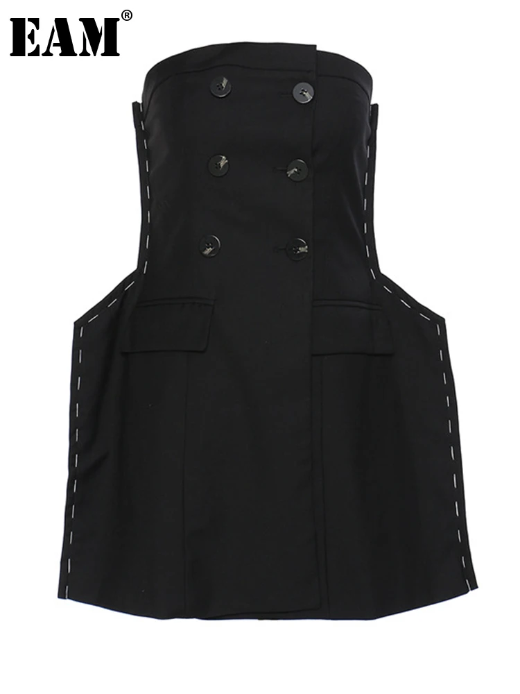

[EAM] Women Loose Fit Black Topstitched Button Pockets Causal Vest New Sleeveless Fashion Tide Spring Autumn 2023 1DF5239