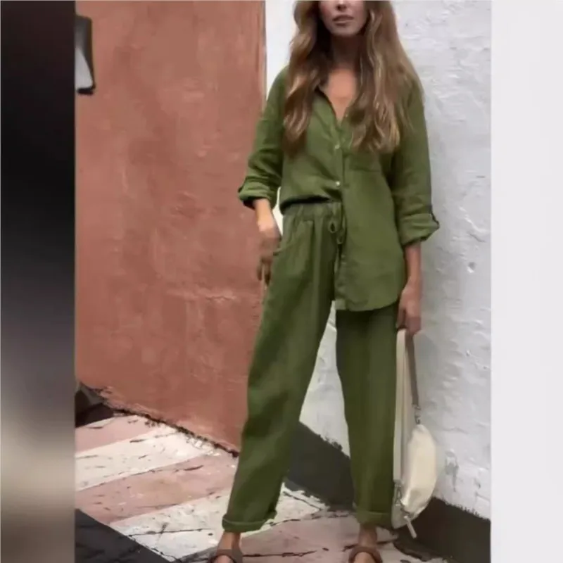 Повседневная однобортная рубашка с воротником-стойкой длинные брюки комплект из