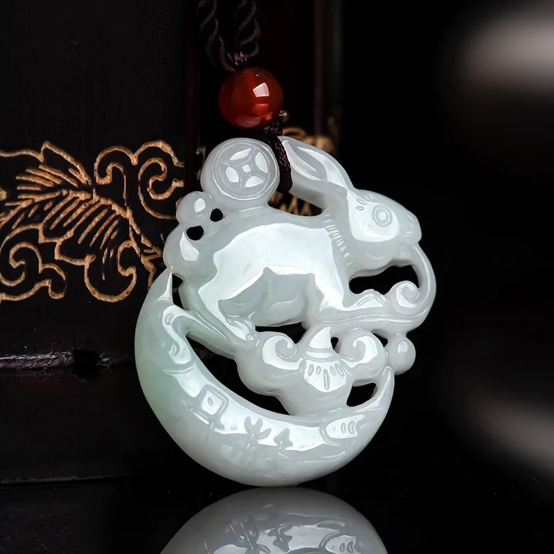 

Jia Le/Hand-Carved/Jade Ice Species Moon-Watching Rabbit Emerald Necklace Pendant Fine Jewelry Accessories Couples Amulets Gift