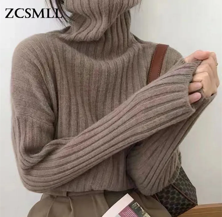 

ZCSMLL High-neck vertical striped knitted pullover women's 2021 autumn winter new Korean loose solid color pullover sweater