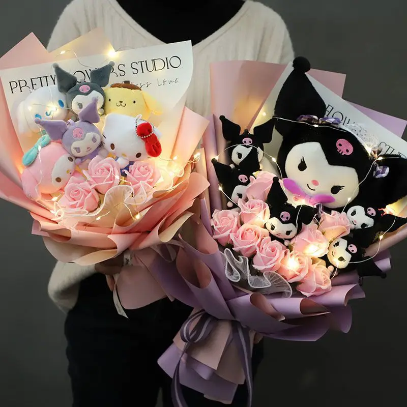 

Женская кукла, букет Kuromi, плюшевая девушка, мультяшная, коричная кукла Sanrio, рулон на День святого Валентина, моя мелодия, подарок на день рожд...