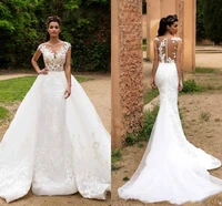 Elegant Lace Mermaid Wedding Dresses Illusion Cap Sleeves Tulle Applique Formal Wedding Bride Gowns With Detachable Skirt