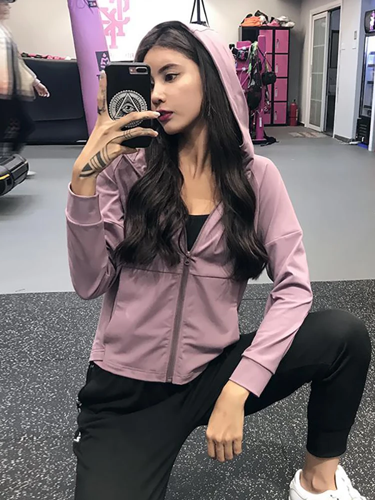 

Running Jackets Sports Sweatshirt Women Loose Hooded Cardigan Sports Jacket Casual Zipper Long Sleeve Fitness Yoga Nylon Gym Top