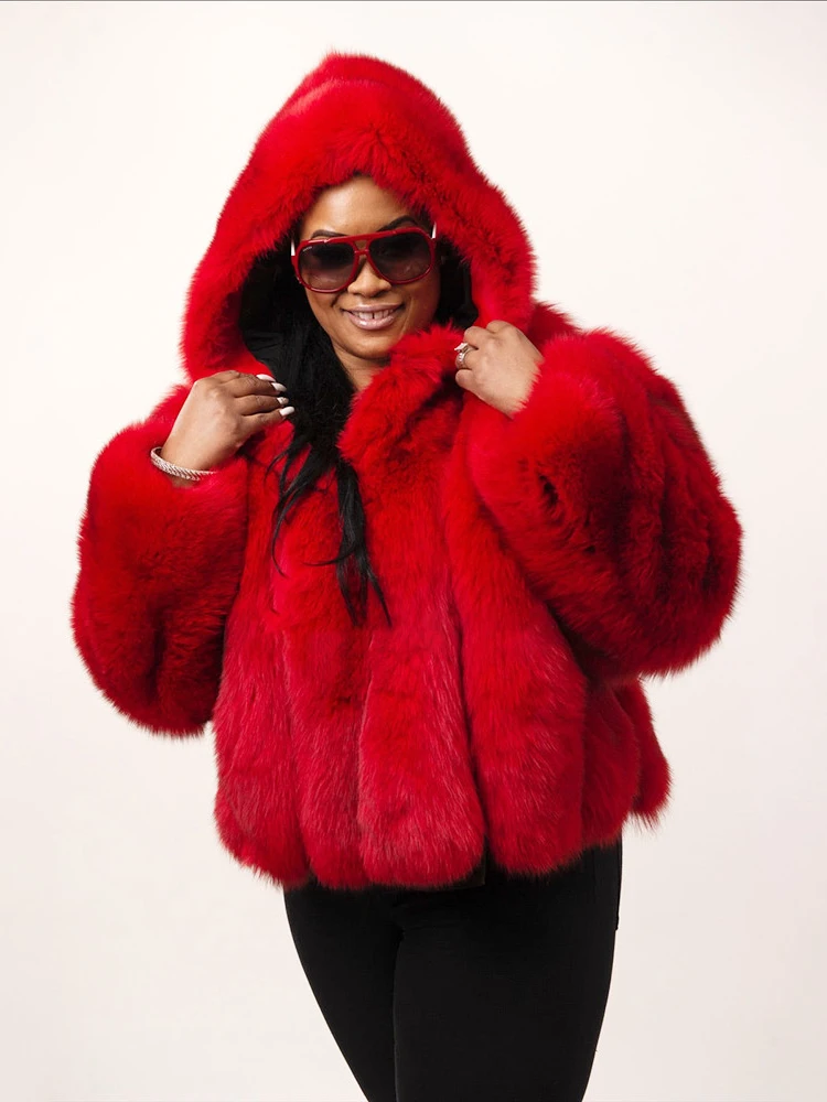 Enlarge Winter Warm Thicken Real Fox Fur Coat Women Casual Lapel Solid Loose Outertwear Cozy Furry Fur Jacket Female 2022 New