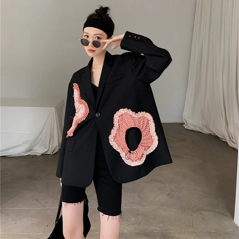 Fashion Office Blazer with Big Flowers Embroidery 2021 New Women Simple Single Button Casual Commute Blazer Suit with Pocket