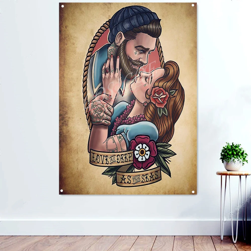 

LOVE AS DEEP AS THE SEAS Tattoo Art Banner Wall Hanging Flag Mural Vintage Poster and Prints Wall Decor Tapestry Canvas Painting