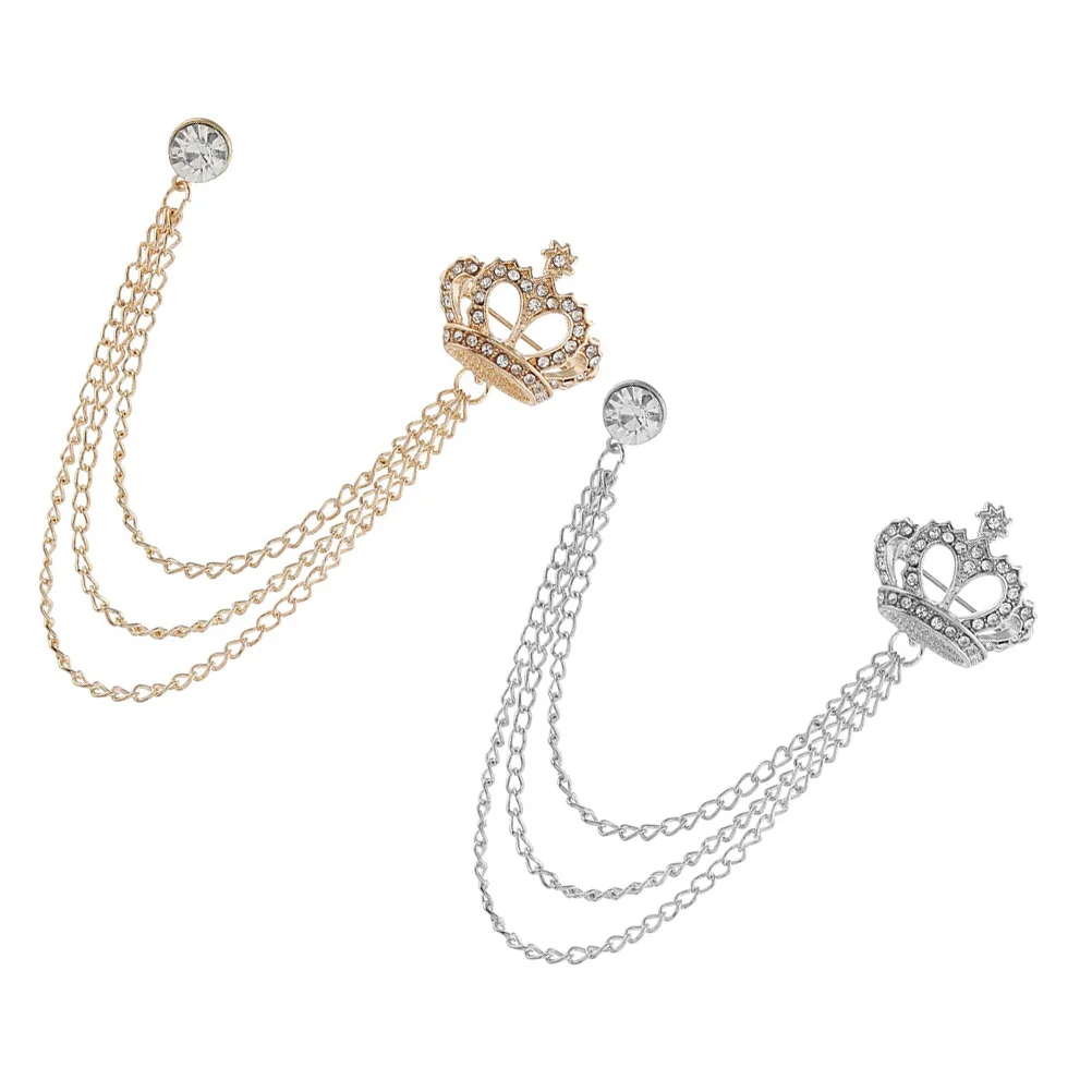 

2 Pcs Men Sweaters Crown Brooch Brooches Women Rhinestone Dress Clips Lapel Pin Tassel Man