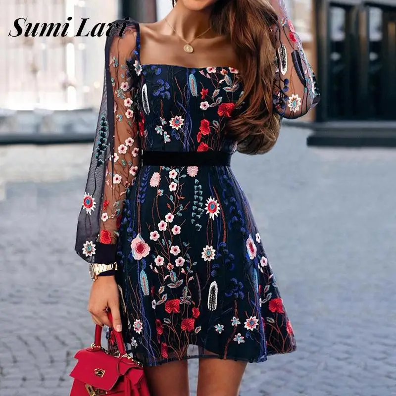 

Женское мини-платье с цветочной вышивкой, элегантное Сетчатое платье-трапеция с длинным рукавом и квадратным вырезом, весна-лето 2023