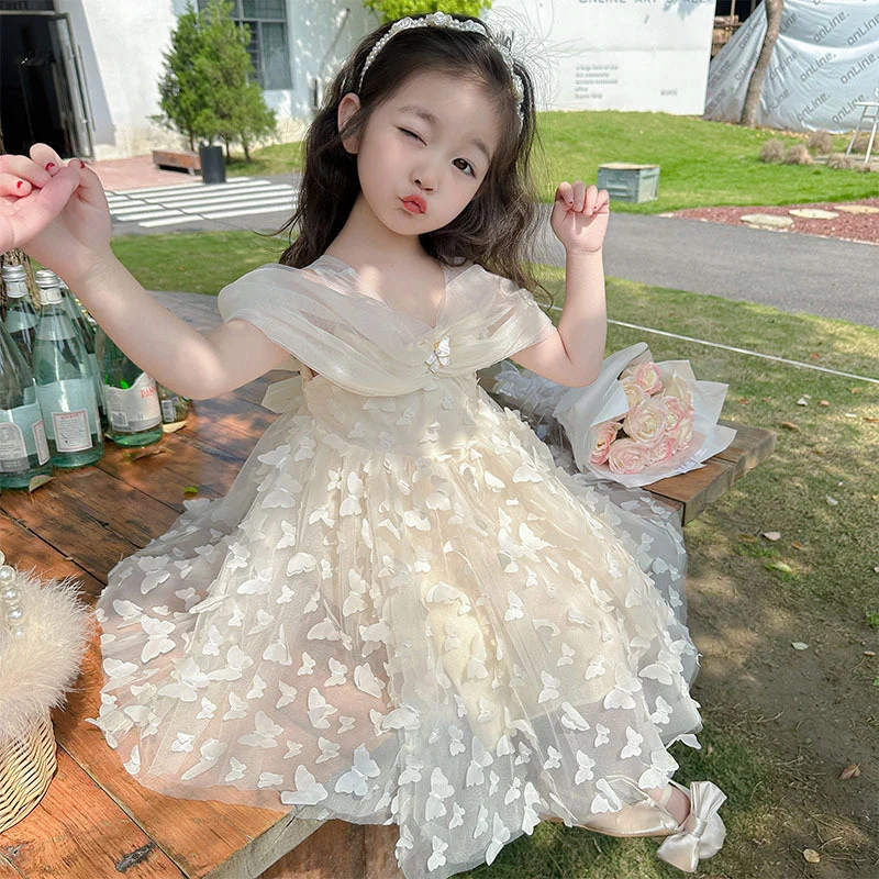 

Toddler Baby Gorgeous Princess Girl Tutu Princess Dress Shoulderless Summer Party Fairy Apricot Butterfly Applique Ball Gowns