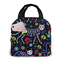 calavera cats sugar skulls for day of the dead cooler bag portable zipper thermal lunch bag convenient lunch box tote food bag