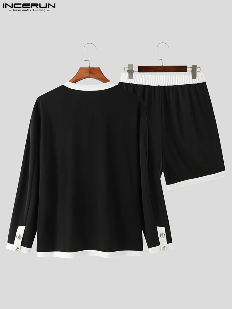 Fashion Casual Style Tops INCERUN Men's Contrast Metal Button Sets Collarless Long Sleeve Shirt Shorts Suit 2 Pieces S-5XL 2023