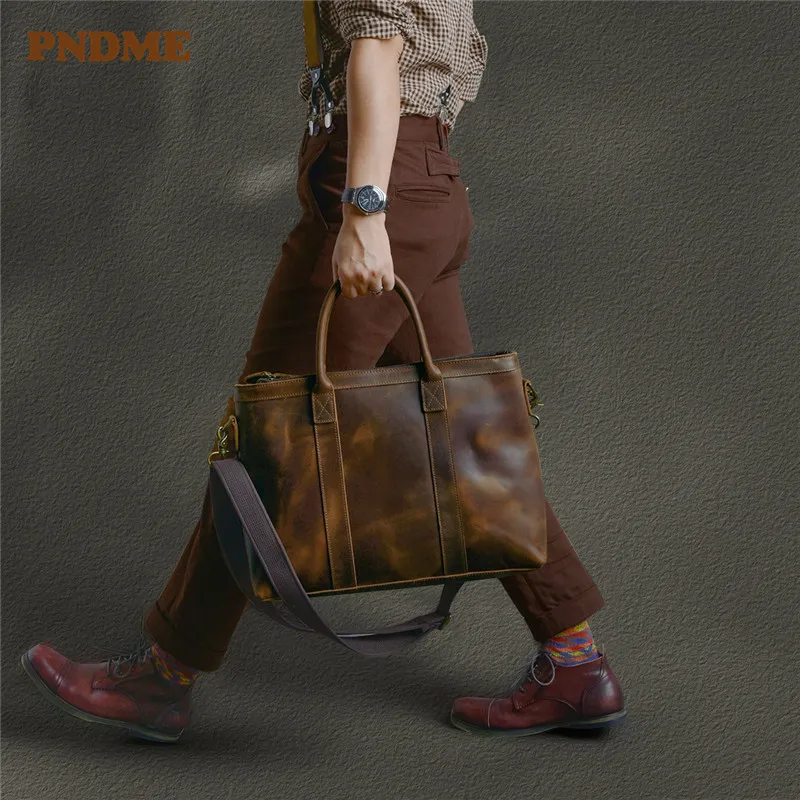 Vintage luxury crazy horse cowhide men's briefcase business casual designer genuine leather laptop handbag work messenger bags