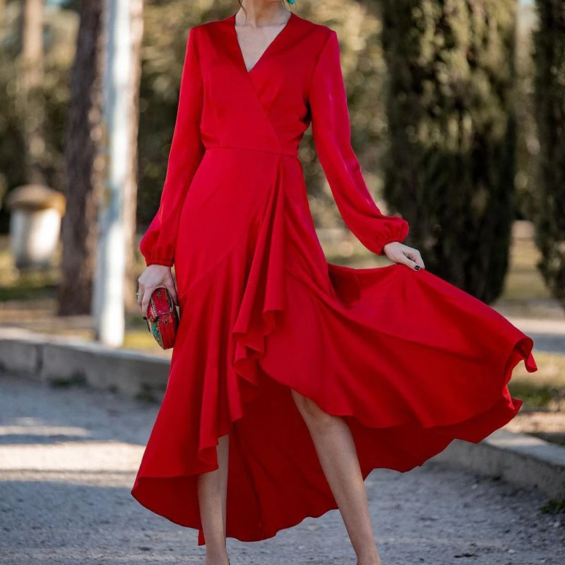 

Women Elegant V-neck Irregular Ruffle Long Dress Autumn Casual Long Sleeve Waist Slim Party Dress Spring Fashion Pleated Dresses