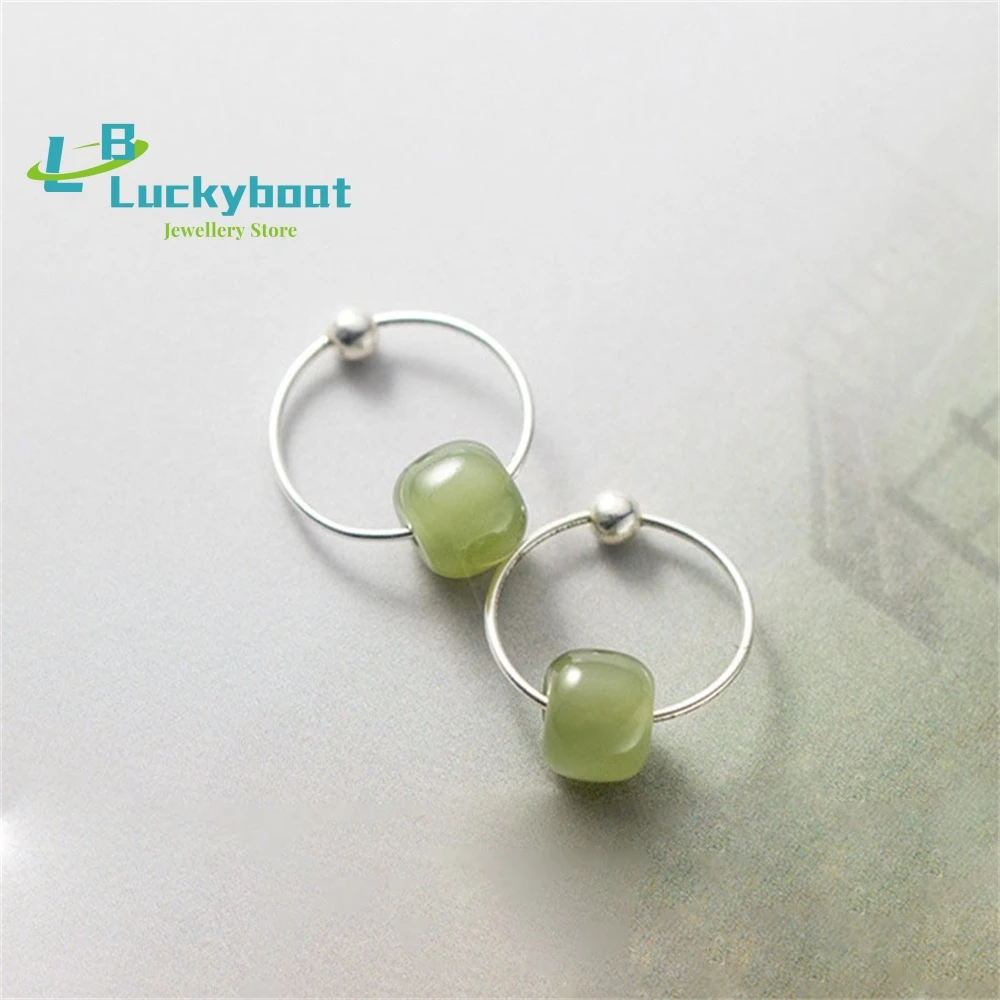 Natural Hetian Jade Hoop Earrings  New 925 Silver Jewelry Lucky Beads Earrings Elegant Vintage Ladies Party Accessories